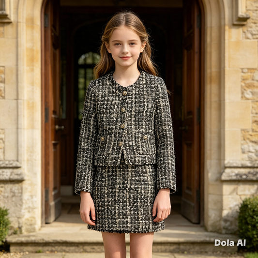 Girls Jacket And Skirt In Dark Tweed