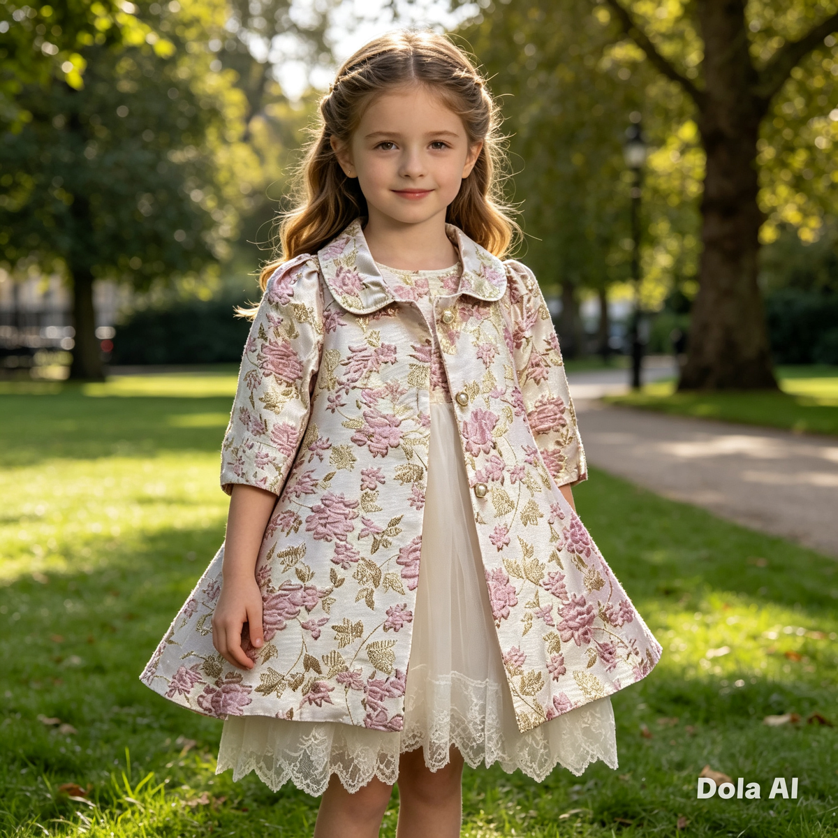 Girls Pink And Gold Dress And Coat Set.