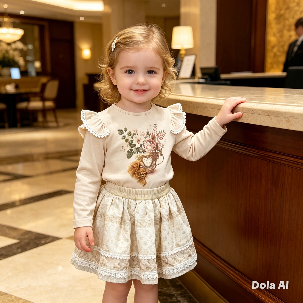 Girls Skirt Set- Printed T-Shirt And Skirt Beige