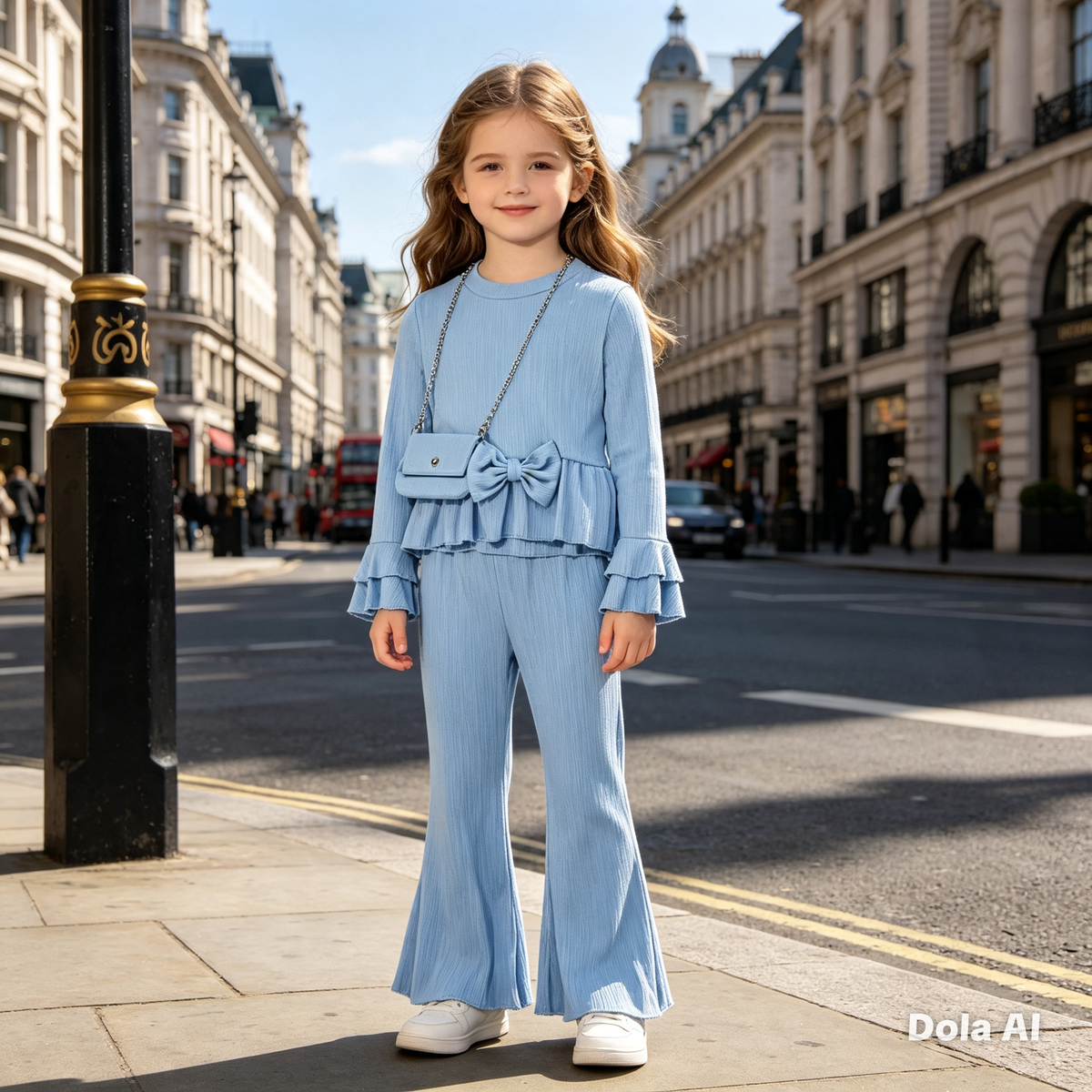 Girls Bow Suit With Matching Bag- Sky Blue