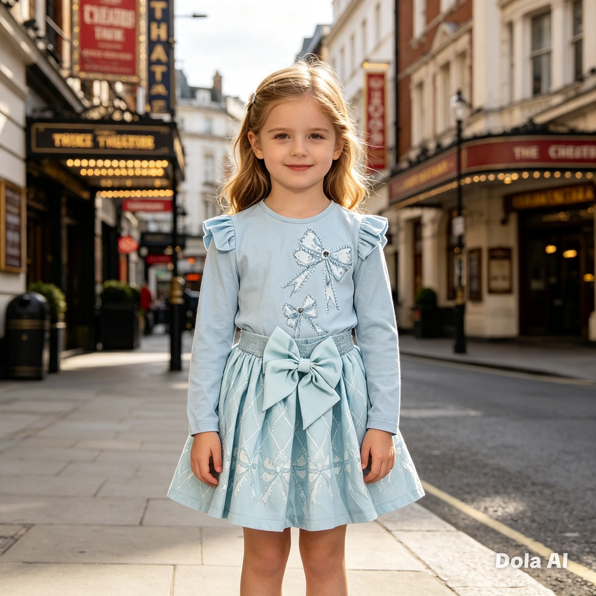 Girls Skirt Set With Embellished Bow Print- Sky Blue