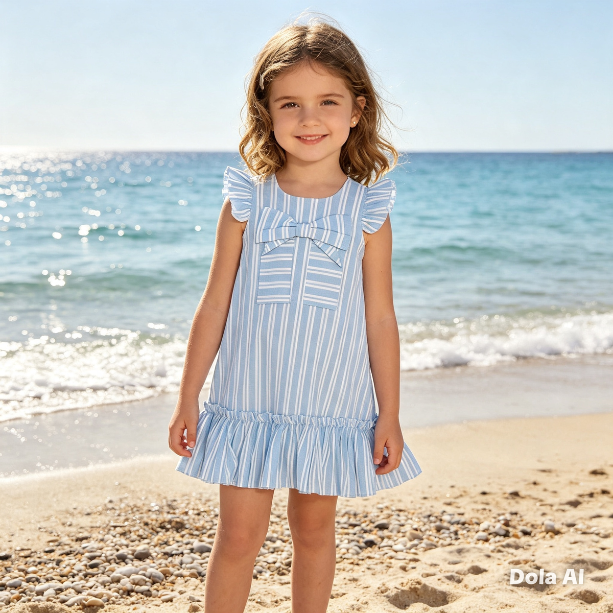 Girls Sleeveless Summer Dress With Bow- Sky Blue