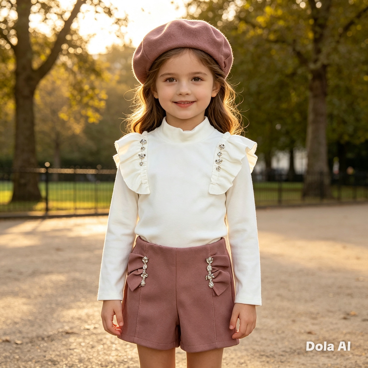 Girls 3 PC Pink Shorts With Cream Top And Hat.