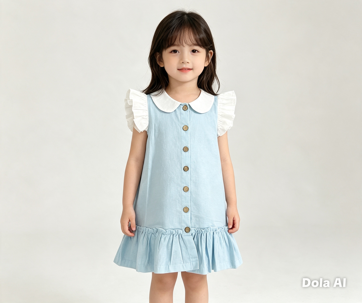 Girls Button Through Dress With White Collar And Ruffle Sleeve- Sky Blue