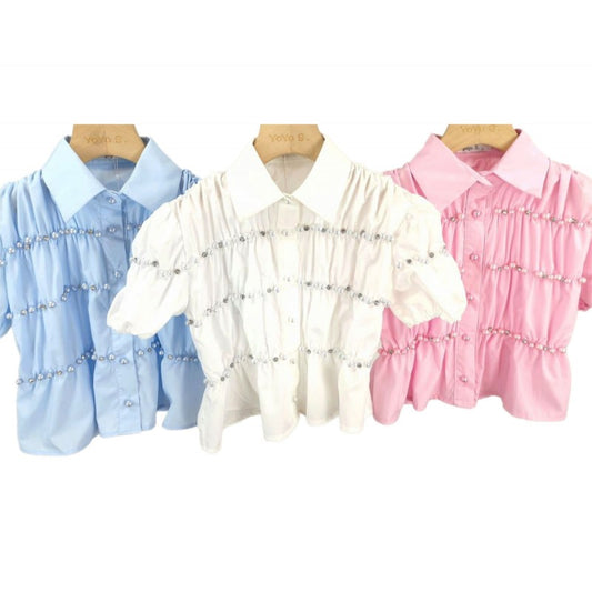 Girls Ruffle Blouse With Pearl And Diamante Embellishment- Blue