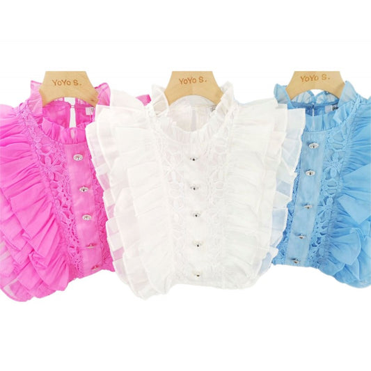 Girls Frilly Blouse With Diamante Buttons- Blue