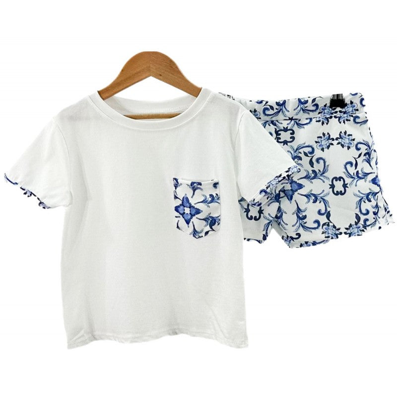 Boys Italian Shorts And T-Shirt Set- Blue/White Flowers