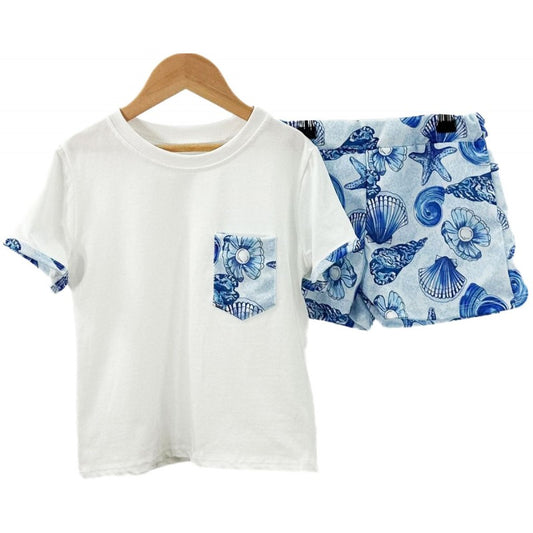 Boys Italian Shorts And T-Shirt Set- Blue/White Sea Shells