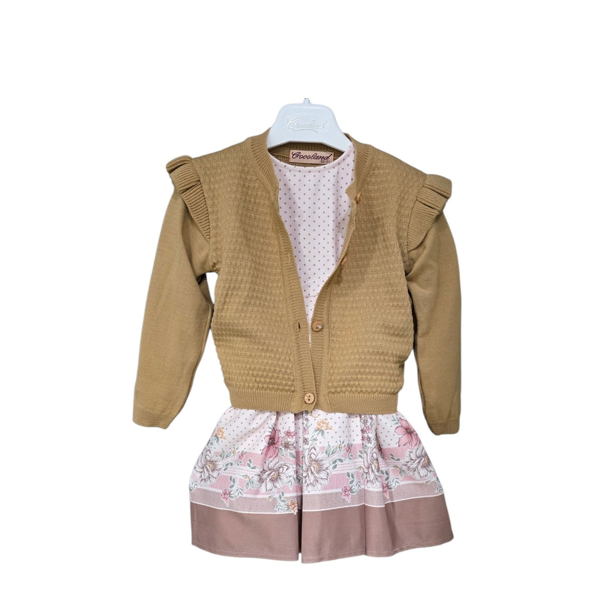 Girls Beige 2pc Lined Long Sleeve Dress & Cardigan Set- Ages 2 to 5 Years