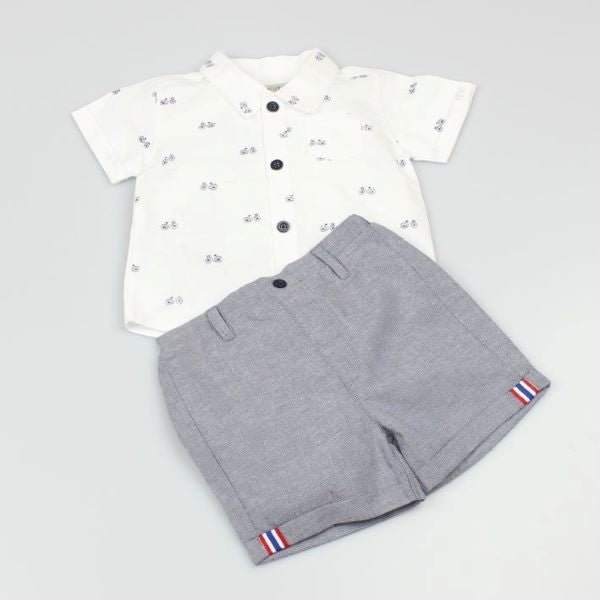 Baby two tone grey & white shirt with bicycle motif print & light grey upturned shorts set