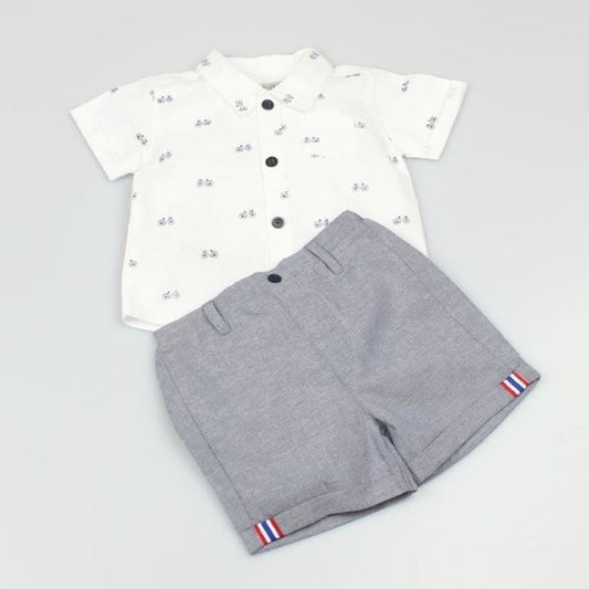 Baby two tone grey & white shirt with bicycle motif print & light grey upturned shorts set