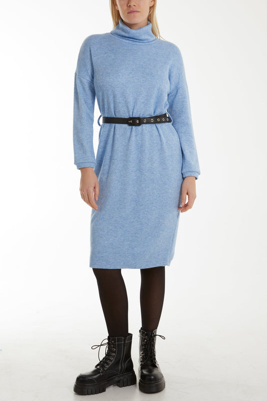 Womens Baby Blue Jumper Dress With Black Belt