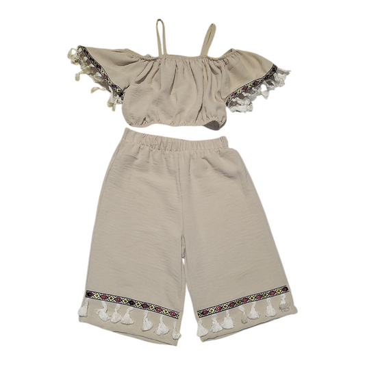 Girls Boho Style Thin Strap Top & Matching Trouser Set- Beige- 4 to 14 Years