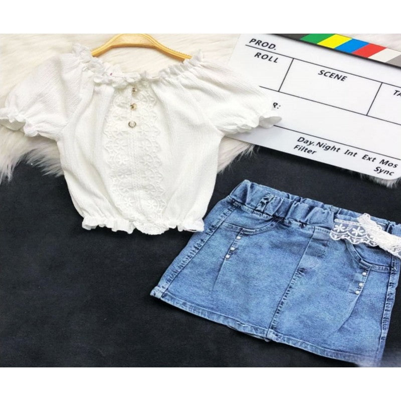 Girl's Short Sleeve Top With Lace Trim & Denim Skirt Set- Ages 2 to 5 Years