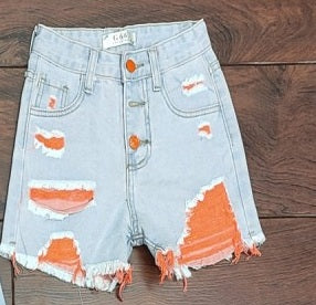 Girls Denim Frayed Shorts- Blue/Orange