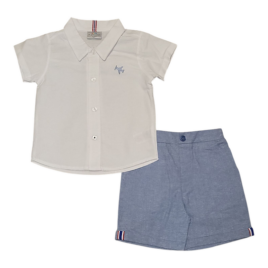 Baby Boys Short Sleeve Shirt With Airplane Motive and Light Blue Shorts Set- 1 to 2 Years