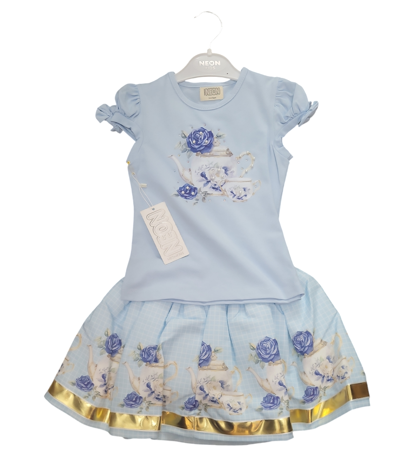 Girls Printed T-shirt And Printed Skirt Set- Light Blue