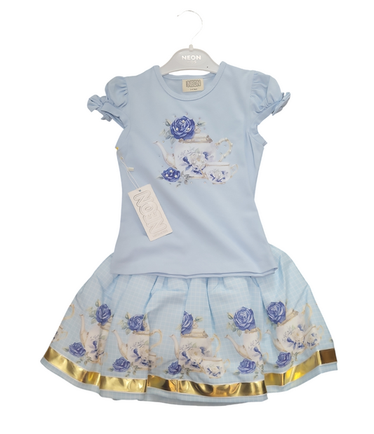 Girls Printed T-shirt And Printed Skirt Set- Light Blue