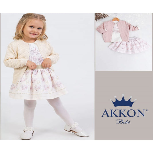 Girls Pink Skirt Suit- Printed T-Shirt, Cardigan and Skirt.