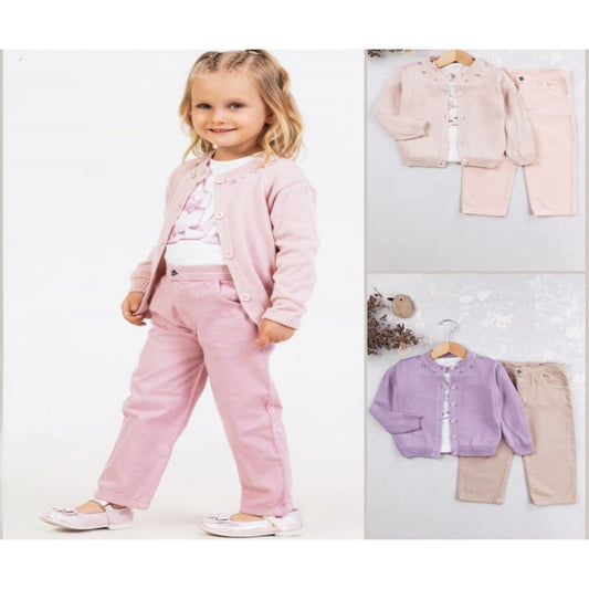 Girls Trouser Suit, Printed T-Shirt, Cardigan And Trousers- Pink