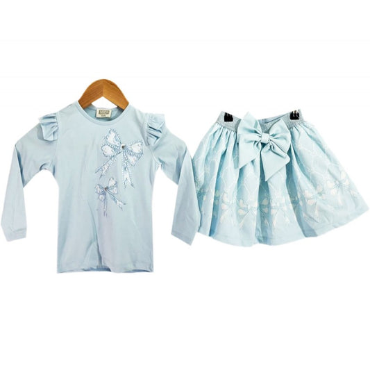 Girls Skirt Set With Embellished Bow Print- Sky Blue