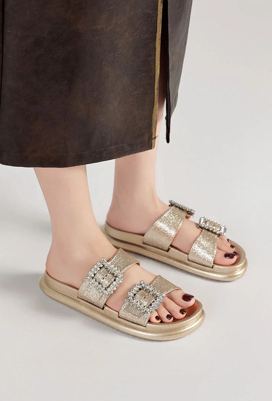 Women's Gold Sparkly Flats Crystal Buckle Double Bow Sandals