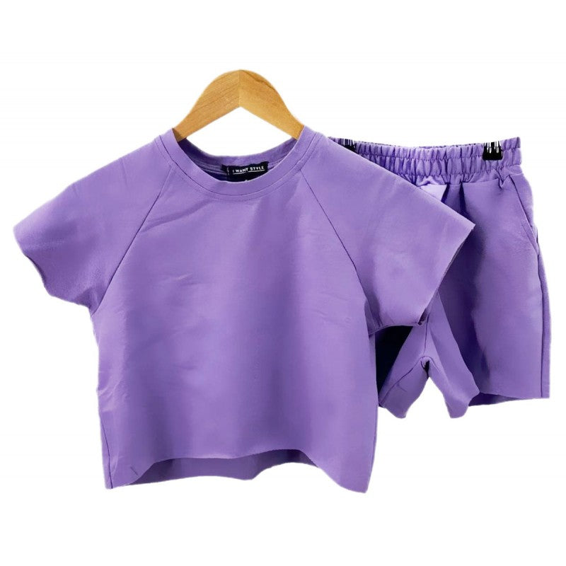 Girl's Short Sleeve Top & Shorts Set- Mint, Purple or White