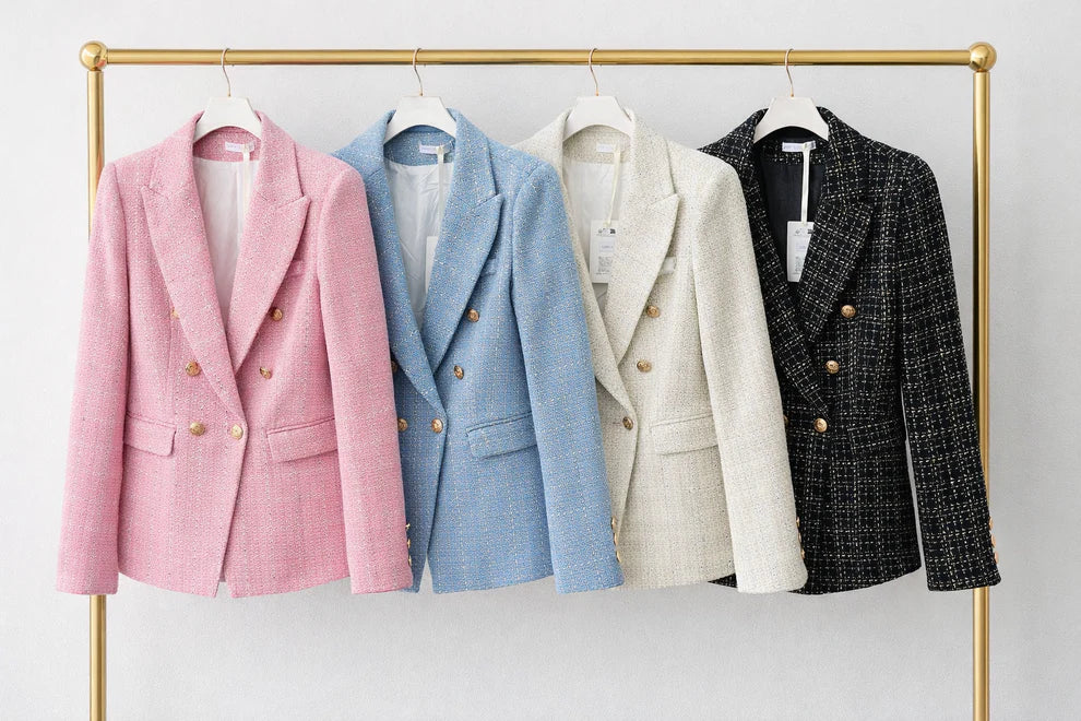 Women's Blue Tweed Blazer With Gold Buttons