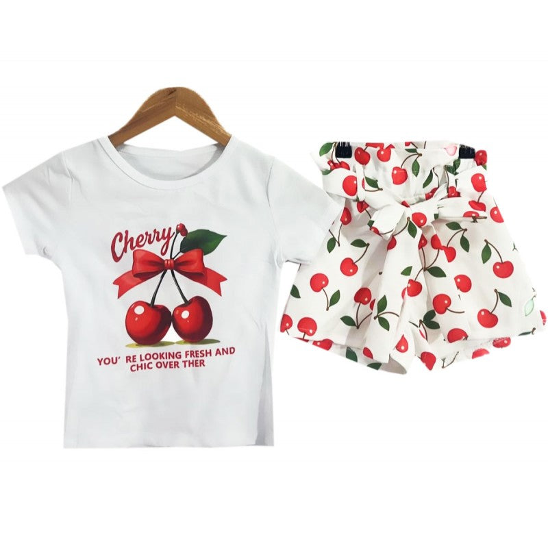 Girls Fruit Print T-Shirt And Shorts Set- Lemons, Cherries or Mixed Fruit- Ages 4 to 14