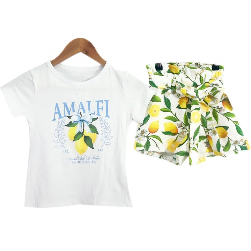 Girls Fruit Print T-Shirt And Shorts Set- Lemons, Cherries or Mixed Fruit- Ages 4 to 14
