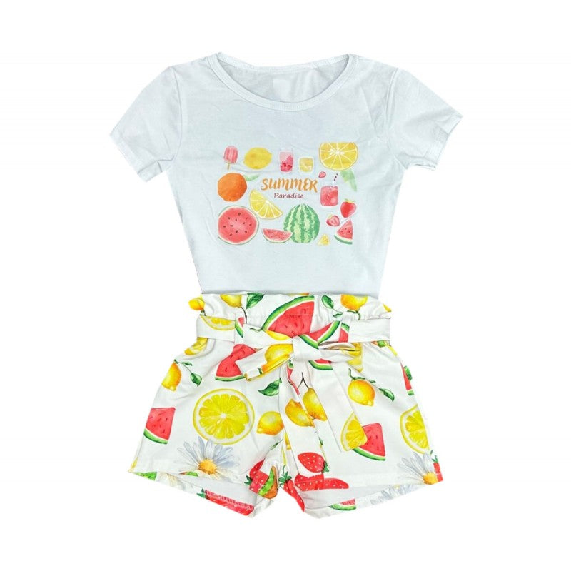 Girls Fruit Print T-Shirt And Shorts Set- Lemons, Cherries or Mixed Fruit- Ages 4 to 14