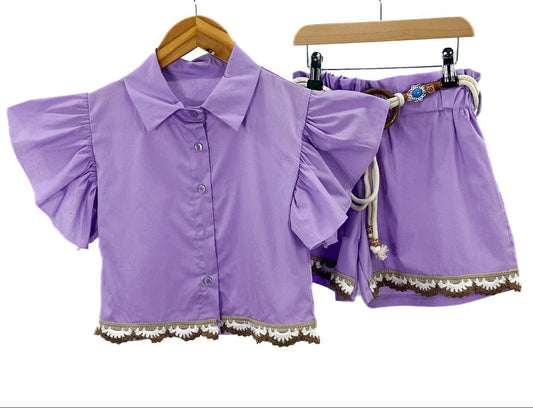 Girl's Boho Style Short Set With Crochet Detailing- White, Pink or Lilac