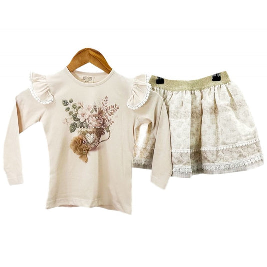 Girls Skirt Set- Printed T-Shirt And Skirt Beige