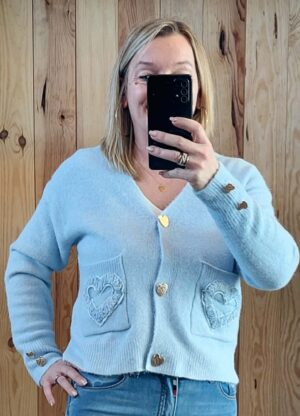 Women's Cardigan With Heart On Pocket With Gold Heart Buttons