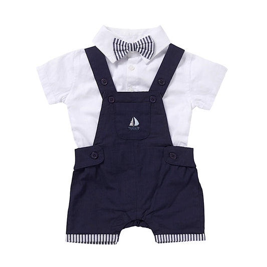 Baby boys 2pc navy sailor dungaree set with a white short sleeve shirt and pinstripe bow tie