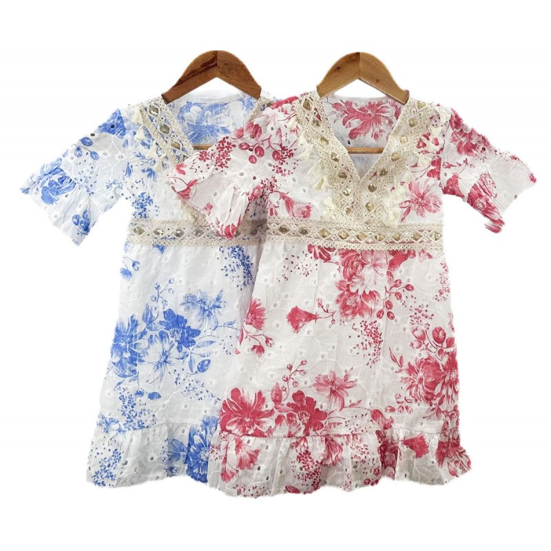 Girls Boho Style Summer Flower Print Dress- Blue