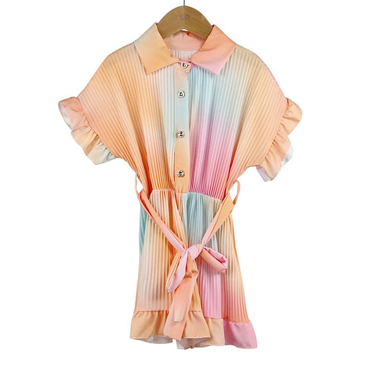 Girls Orange Three Tone Pleated Ruffle Shirt Playsuit- 4 to 14 Years