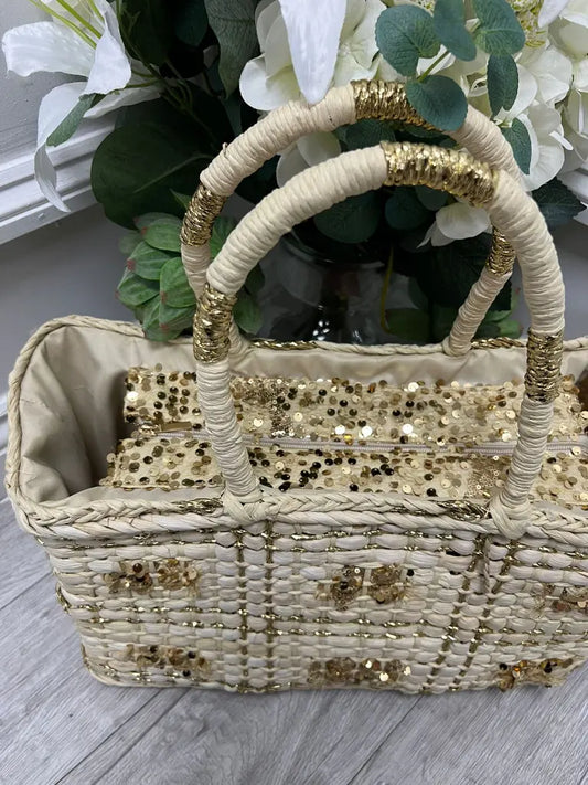 Women's Raffia Rectangle Beach Bag With Gold Detail And Gold Sequins.