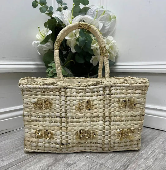 Women's Raffia Rectangle Beach Bag With Gold Detail And Gold Sequins.