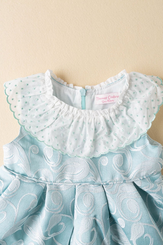 Girls Dusty Blue Paisley Spanish Collar Dress- Ages 6 to 30 Months