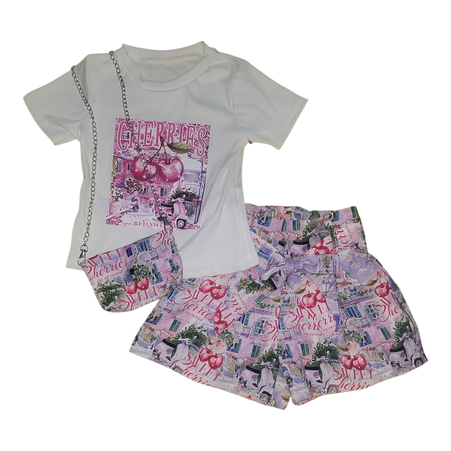 Girl's Cherries Printed T-Shirt & Shorts Set- Pink & Pink/Blue