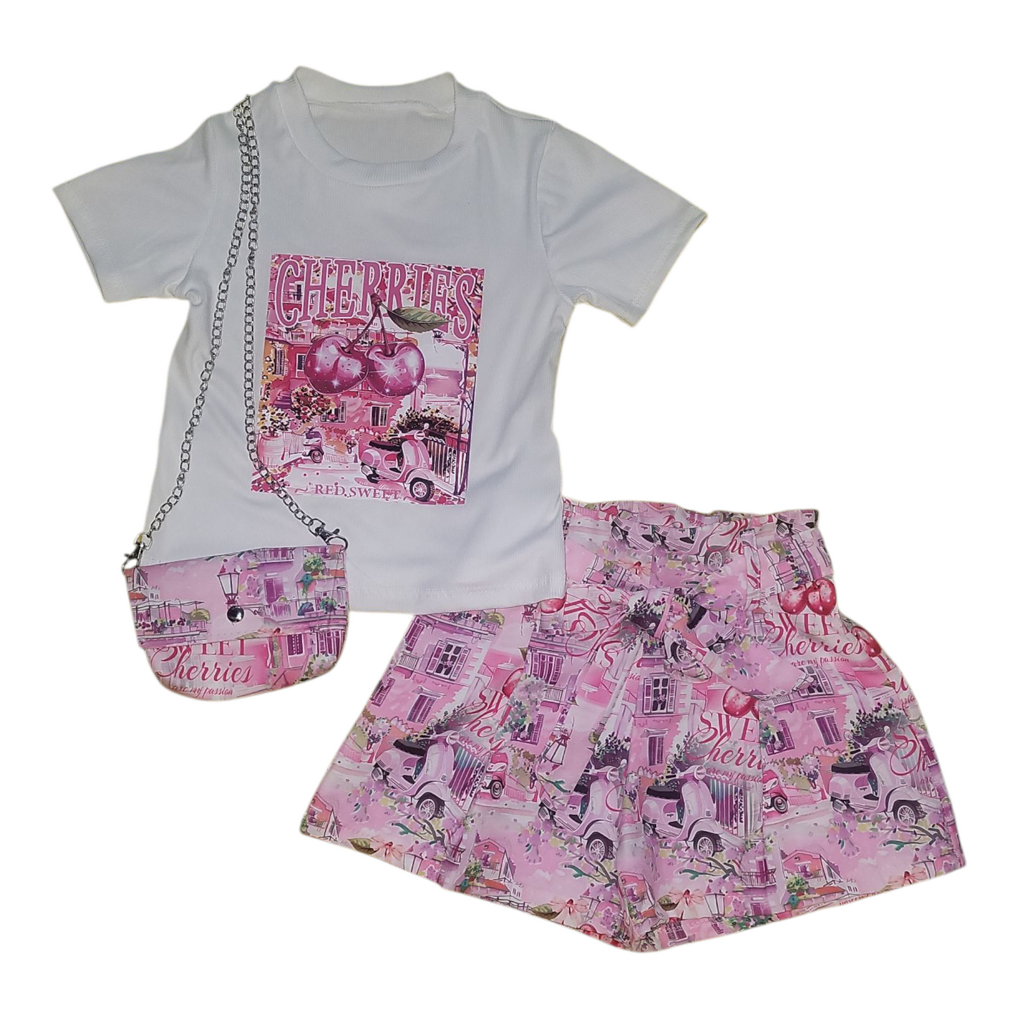 Girl's Cherries Printed T-Shirt & Shorts Set- Pink & Pink/Blue