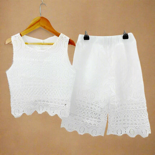 Girls Lace Shorts And Vest Top Set- Lined- White