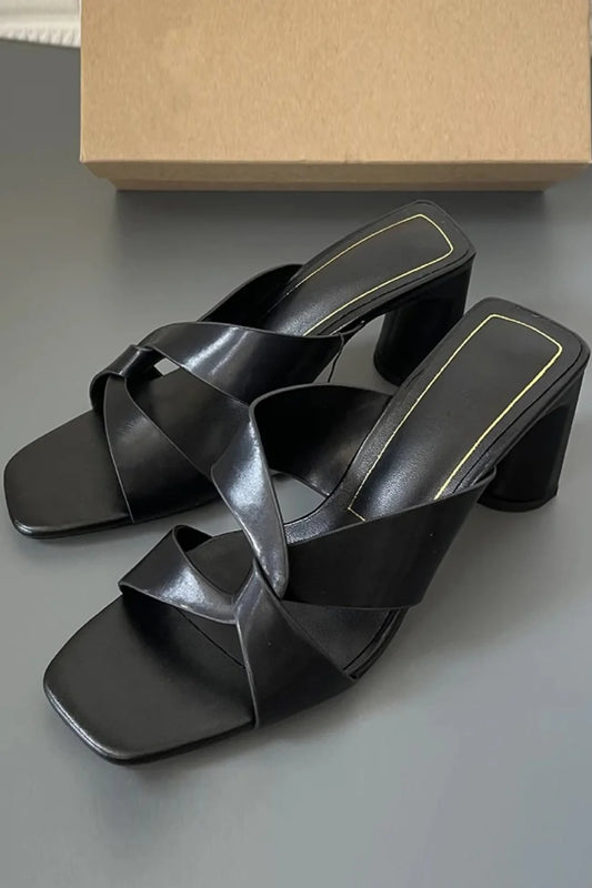 Women's Designer Black PU Cross Strap Block Heel