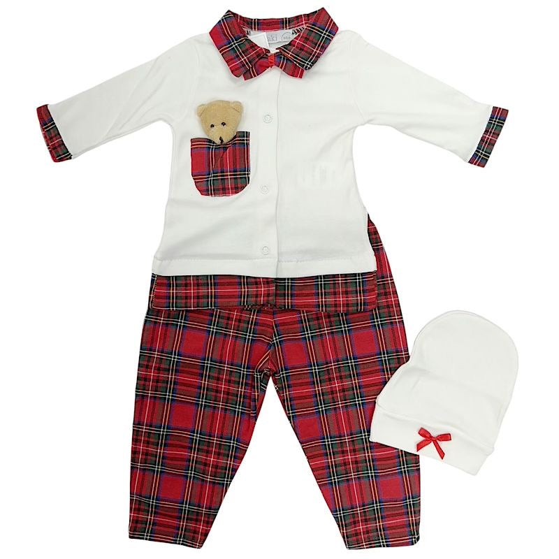 Baby Boys Top Trousers & Beanie Set- Red Tartan or Baby Blue- Ages 0 to 9 Months