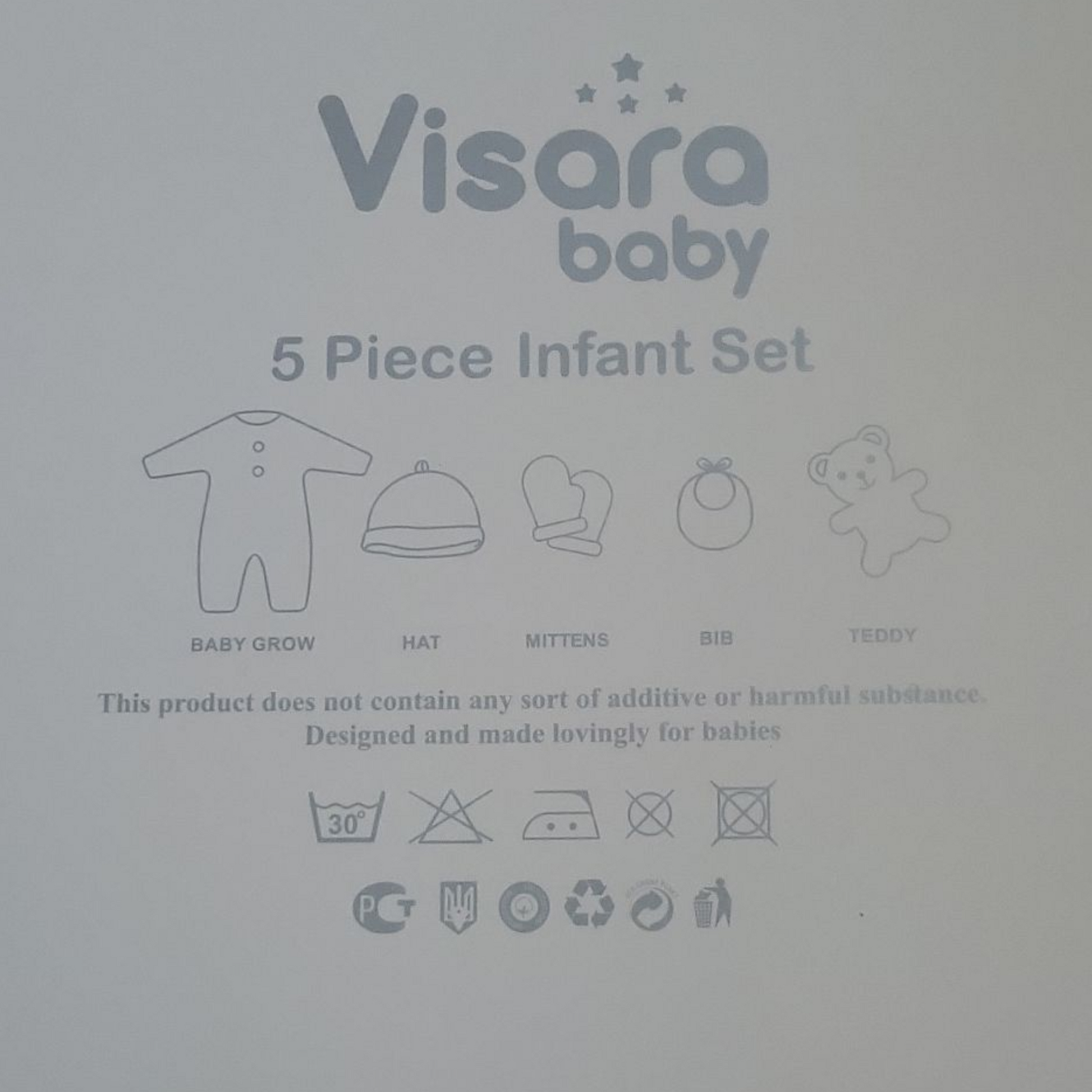 Visara baby 5 piece infant set packaging with illustrations