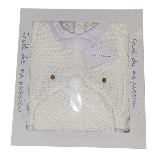 Knitted baby outfit with a white hat and cardigan in a branded box.