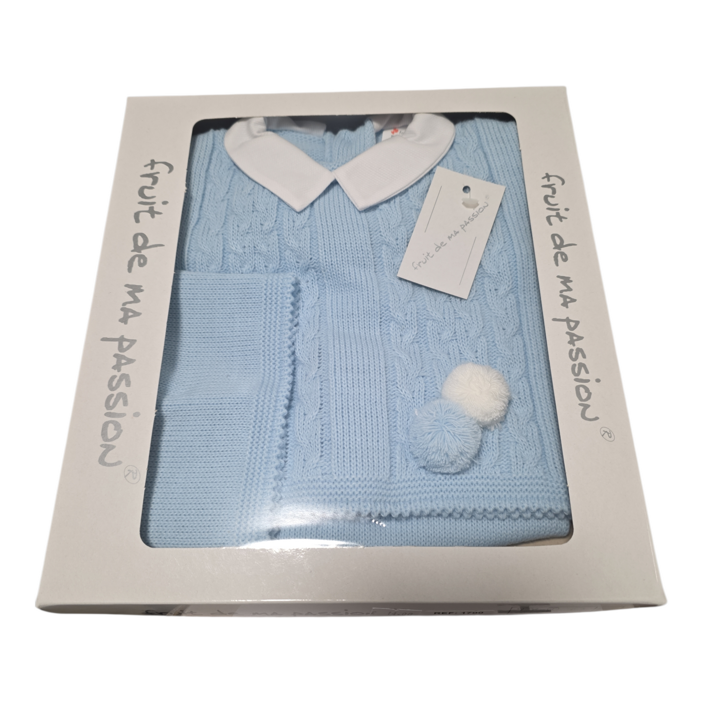 Baby Boy's Knitted 3pc Set- Back Buttoned Jumper, Bonnet & Trousers- Baby Blue