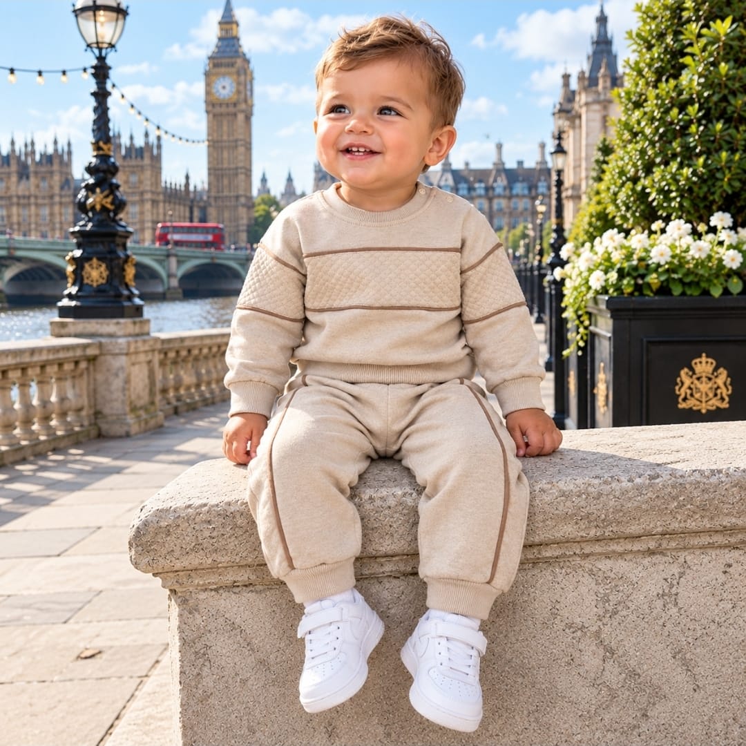 Baby Boys Track Suit With Pattern & Piping Detail- Beige