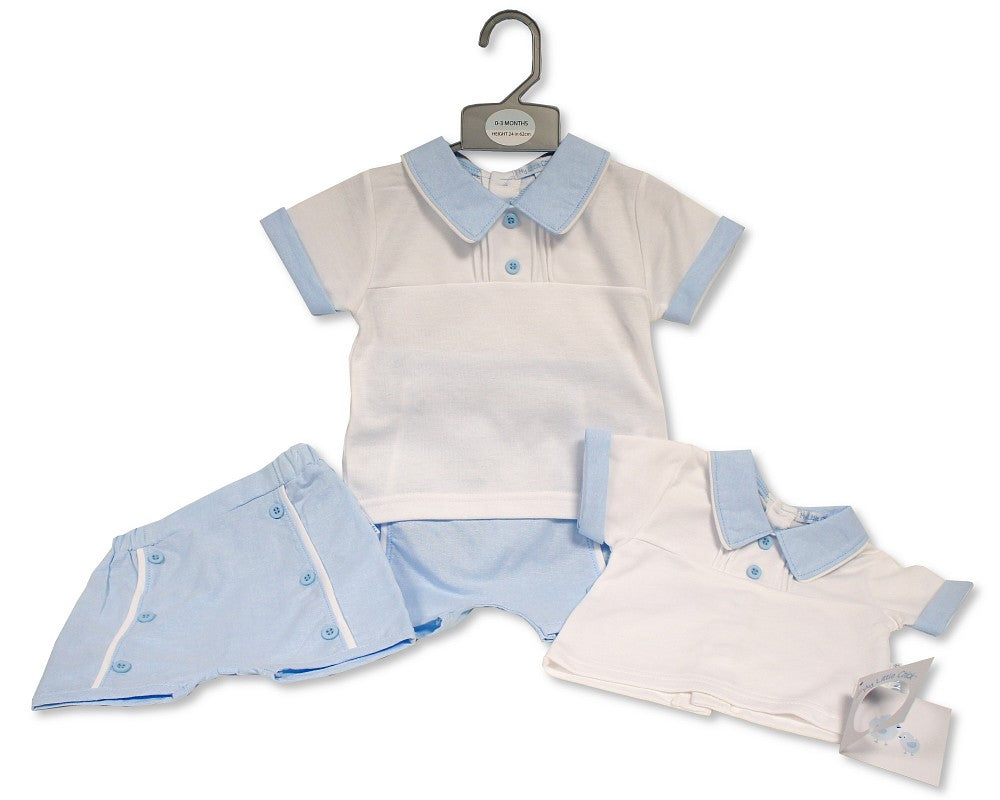 Baby Boys White Sky Blue Polo Top and Shorts Set NB-6M